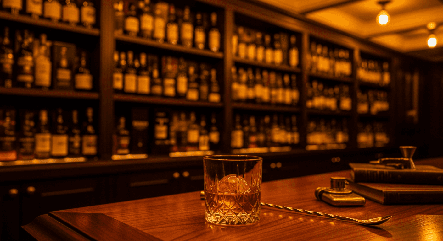 Dimly lit bourbon tasting room atmosphere